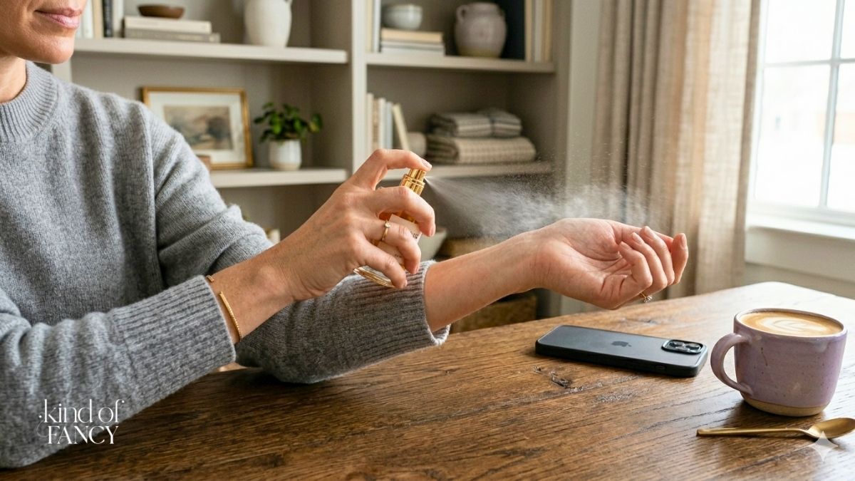 woman spritzing perfume on her wrist to test out the fragrance