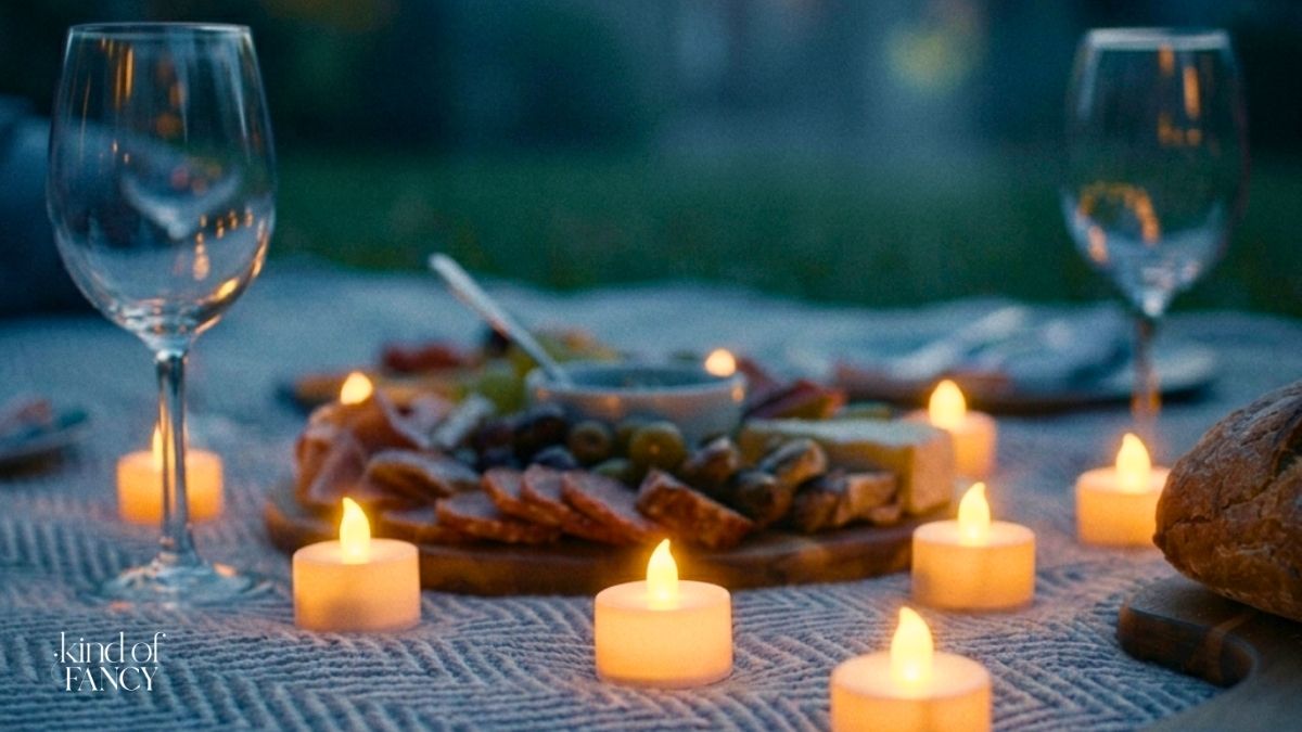 chic outdoor picnic setup at dusk with flickering tea lights setting a soft candlelit glow against the blanket and charcuterie board, flanked by wine glasses.