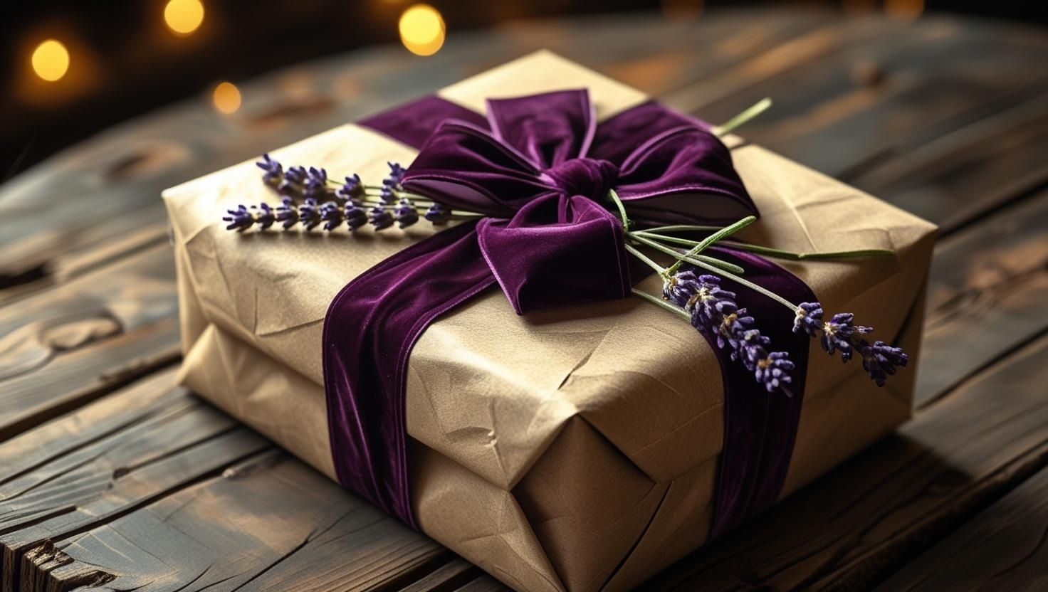chic gift wrapping with kraft paper, sprig of lavender, and velvet ribbon gifts for her