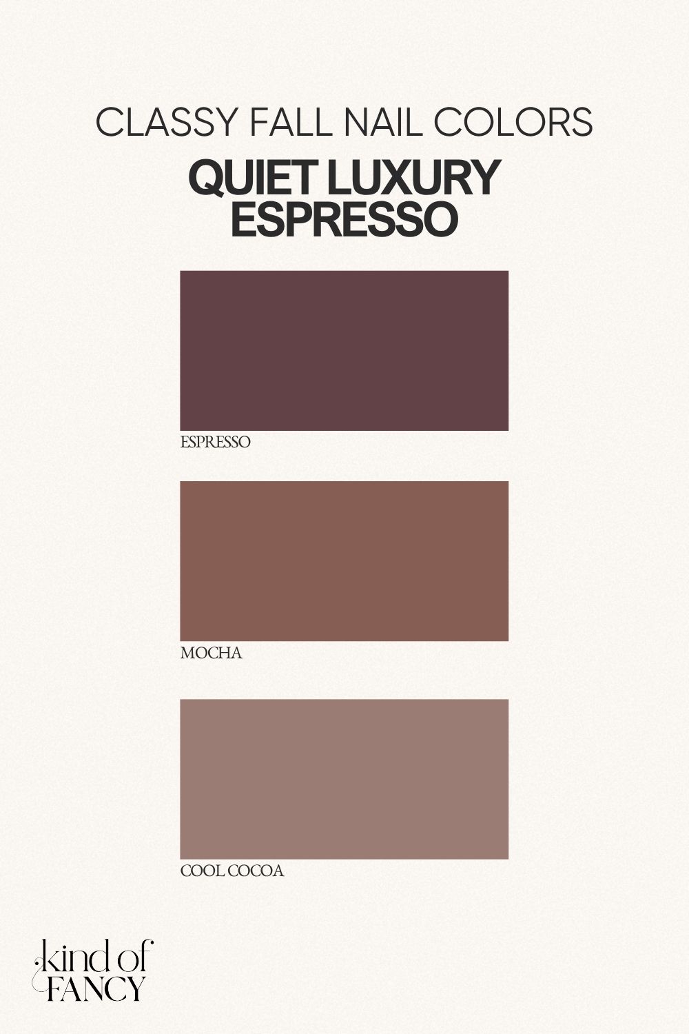 espresso nail polish color palette for classy fall nails including mocha, cool cocoa, and coffee shades of brown nail polish that are timeless for autumn nails.