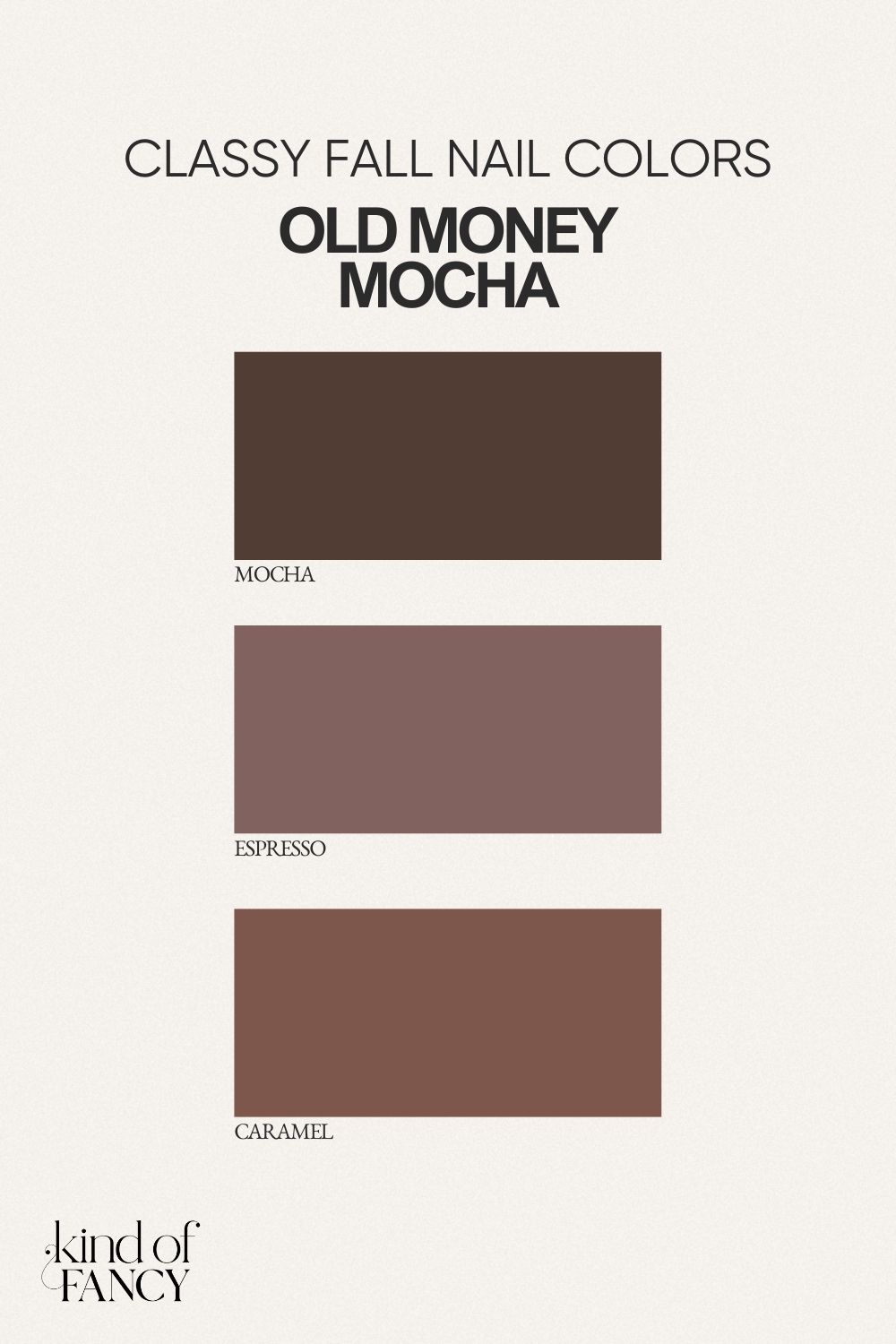 mocha mousse nail polish color palette for classy fall nails including espresso, warm caramel, and toffee shades of brown nail polish that are timeless for autumn nails.