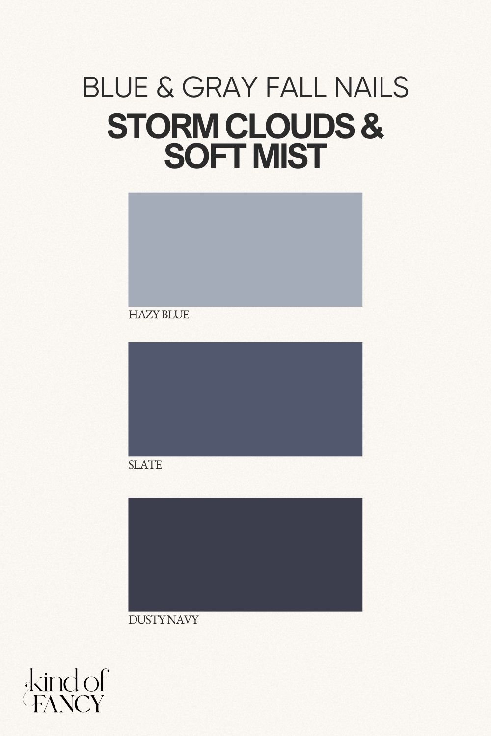 classy fall nails in dusty navy, slate, and misty blue nail polish shades, color palette for classy autumn nails that are a chic alternative to black.