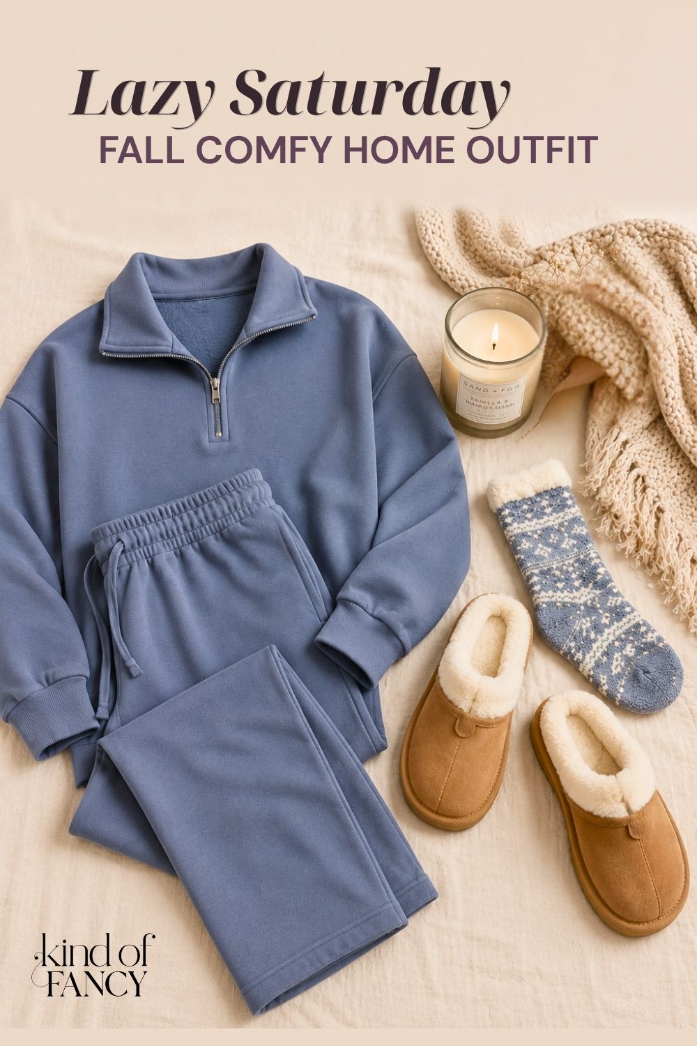 Fall lazy day comfy at home outfits idea: slate blue matching lounge set, slippers, cozy cabin socks on a soft linen background.