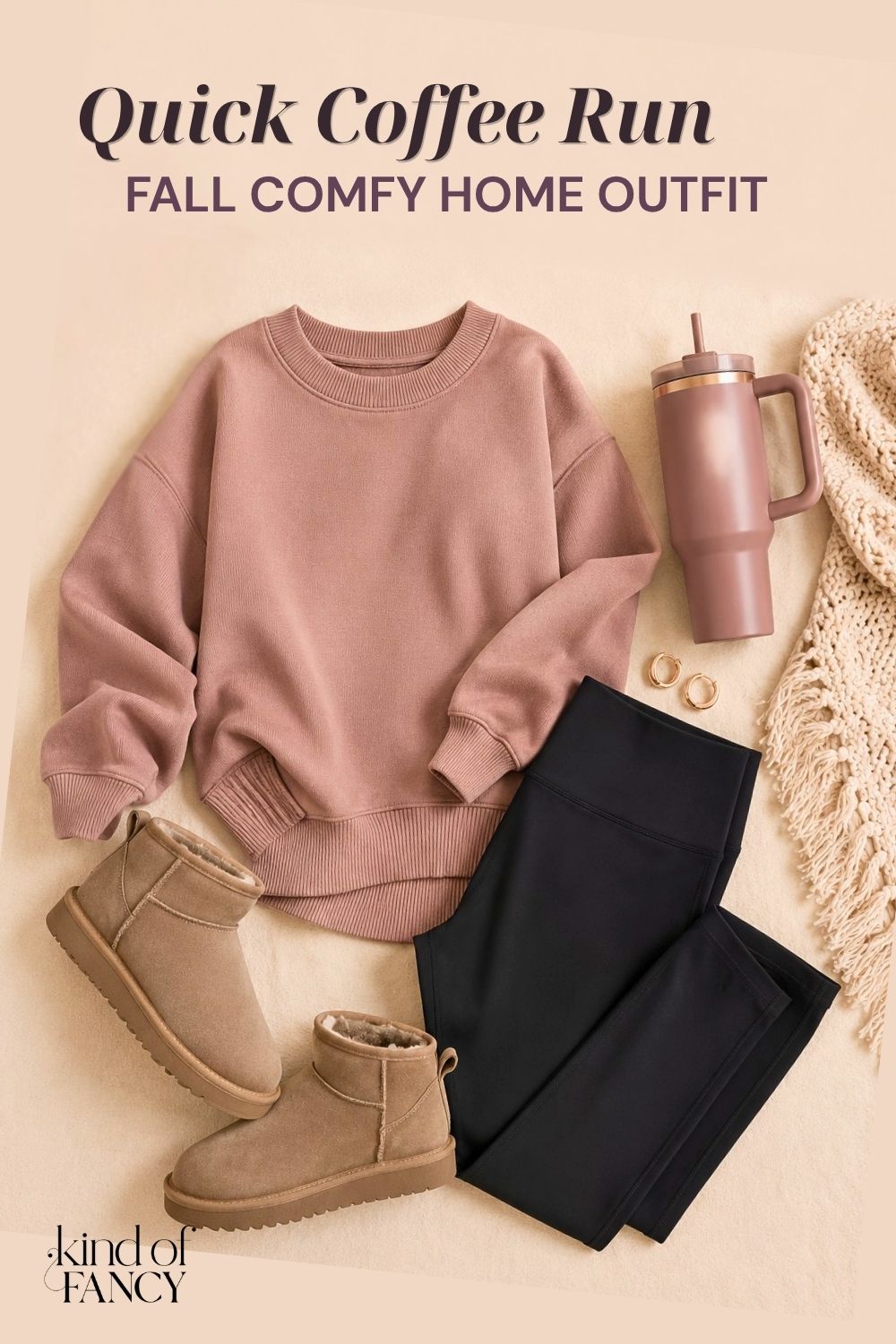 Fall cute comfy home outfits idea: oversized sweatshirt, soft leggings, slip on boots, rose gold huggie earrings, and a tumbler mug on a soft linen background perfect for a quick coffee run.