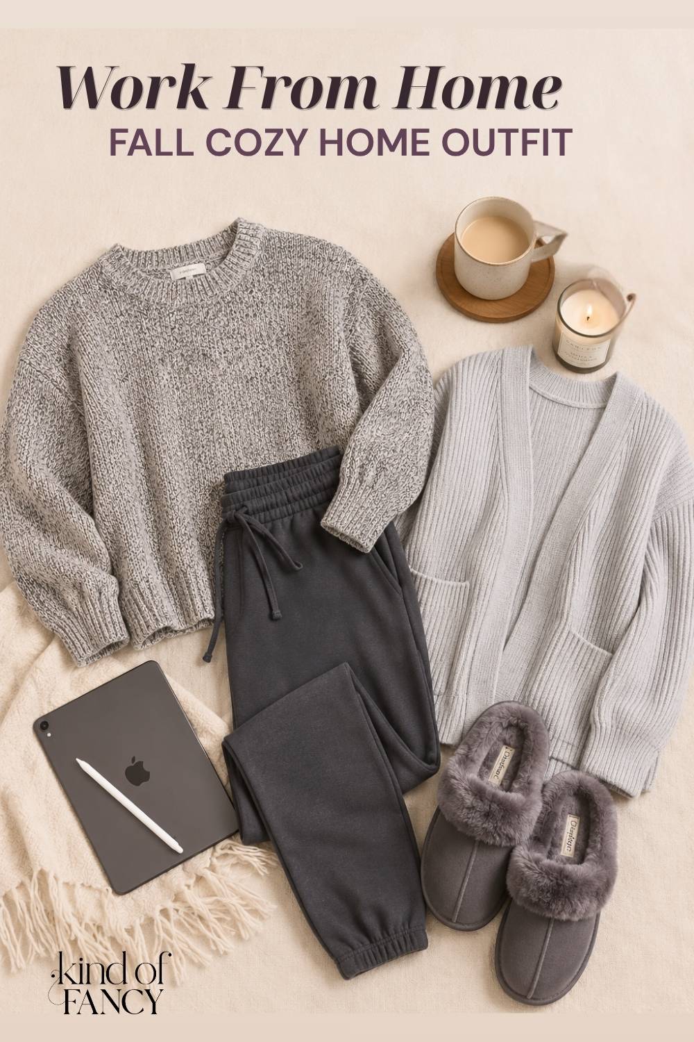 Simple cozy fall work from home outfit ideas: cozy sweater, matching joggers, slippers, and oversized cardigan with stoneware mug and iPad against soft linen background.