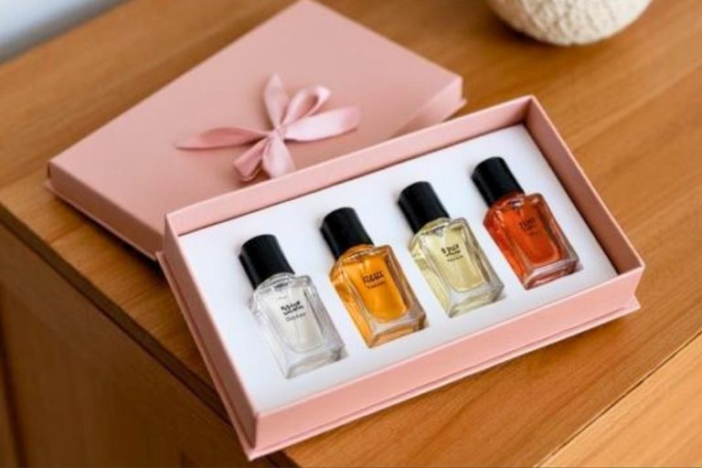 perfume sampler set for her with a bow on a dresser