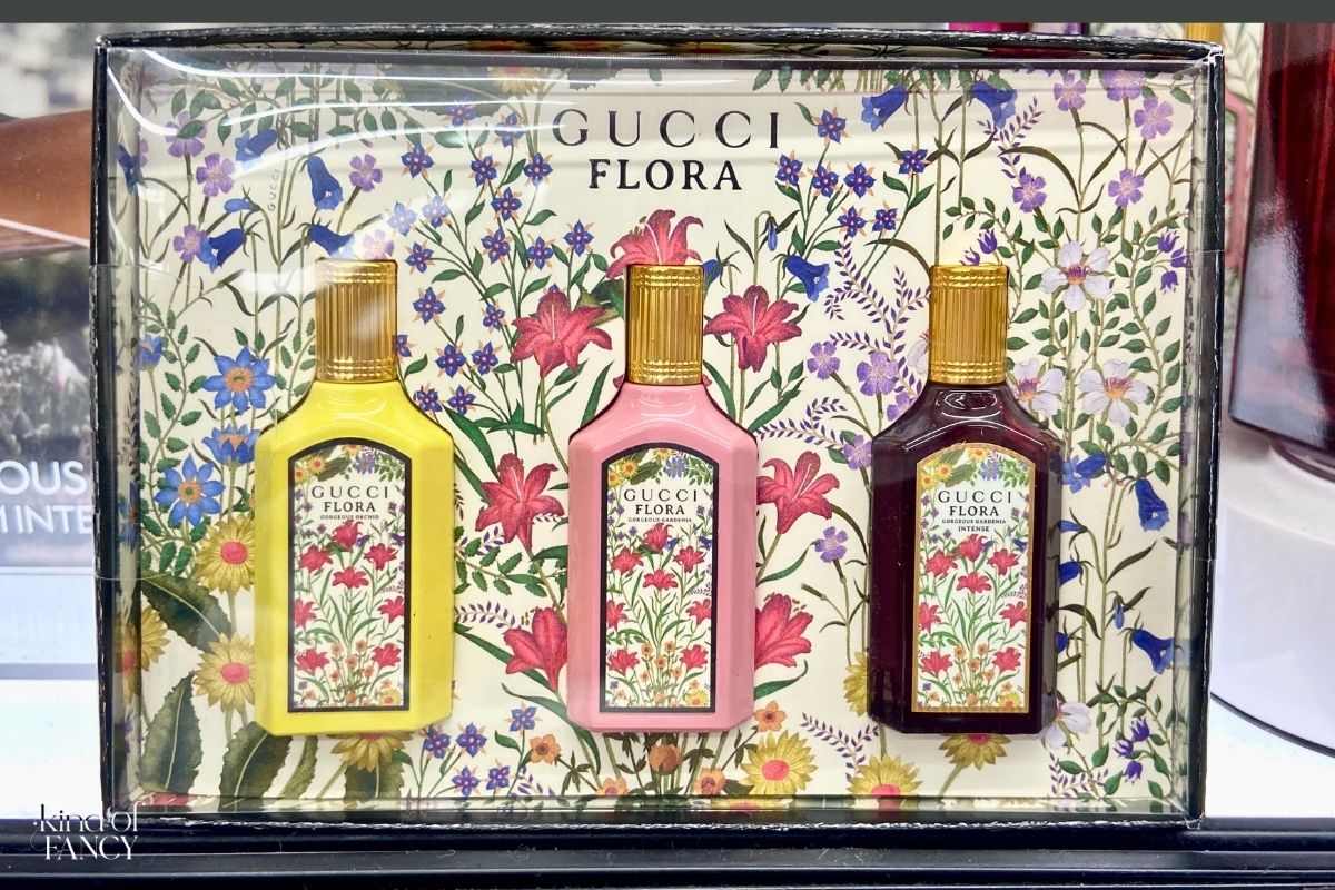 Gucci Flora Gorgeous sampler trio in a gift box on shelf