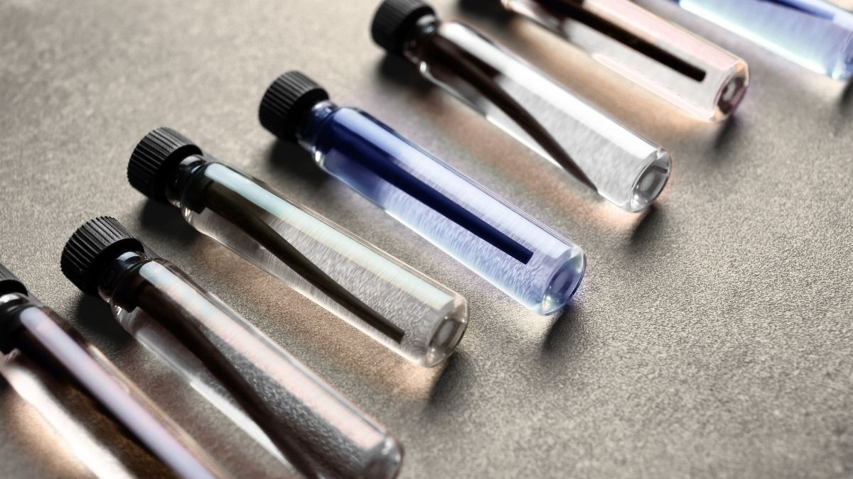 perfume sampler set laid out on a textured table