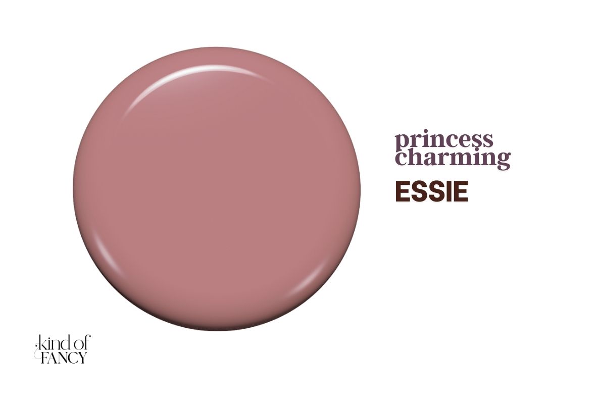 Swatch of essie Princess Charming, a muted mauve-rose nail polish swatch, a soft romantic winter nail color that’s timeless and elegant.