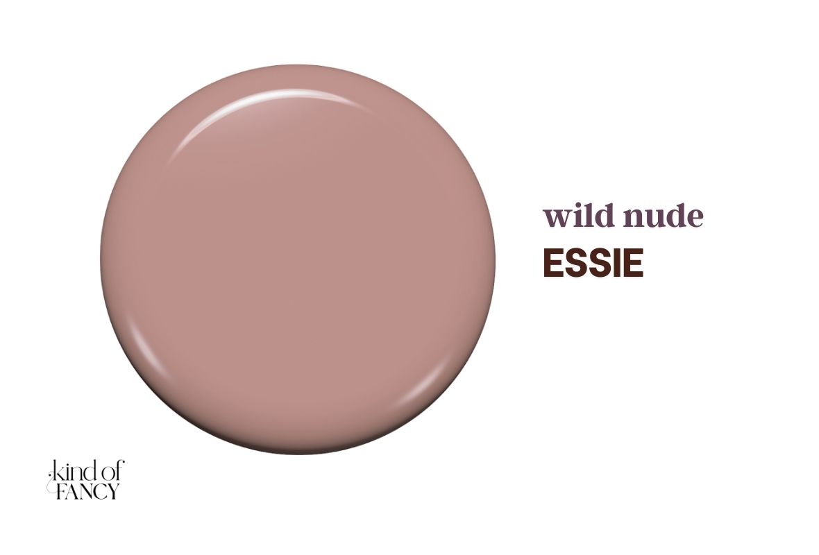 Swatch of essie Wild Nude, warm beige nude nail polish swatch with creamy café tones, a cozy winter nail color for neutral lovers.