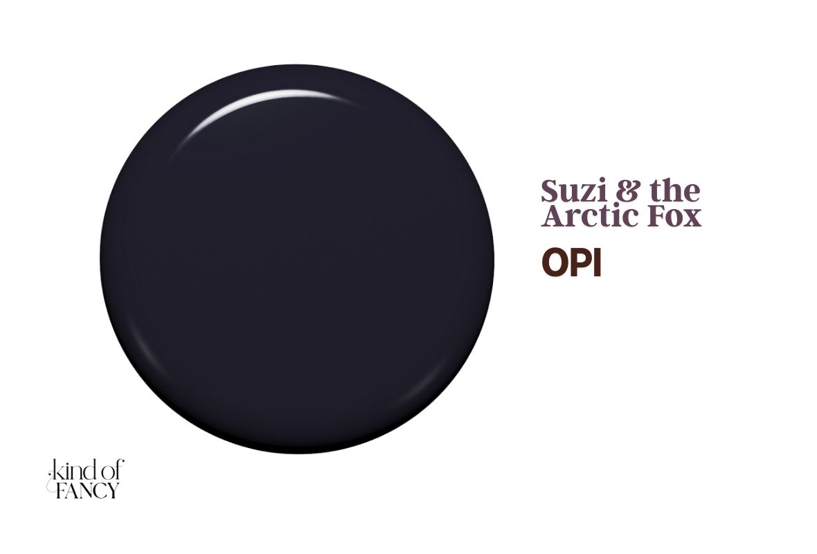 Swatch of OPI Suzi & the Arctic Fox, an iInky midnight plum nail polish swatch, a moody sophisticated winter shade with quiet luxury energy.