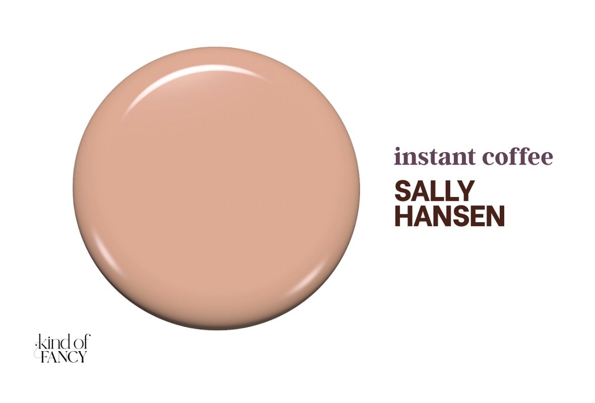 Swatch of Sally Hansen Instant Coffee, a soft cocoa beige nail polish swatch, a warm latte-inspired winter nail trend that feels cozy and polished.