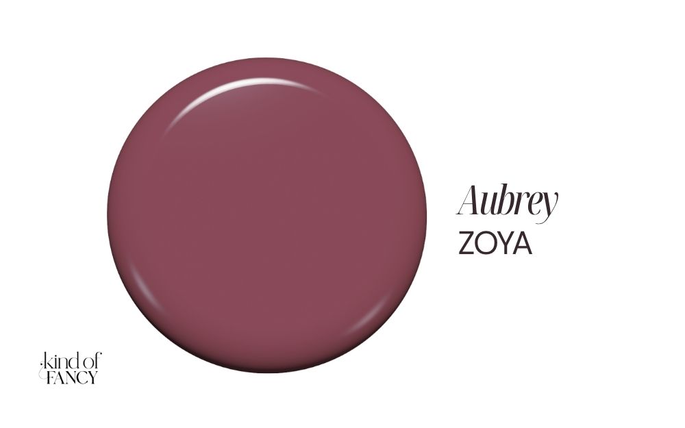 Zoya Aubrey nail polish swatch, a soft wine-mauve with muted berry depth