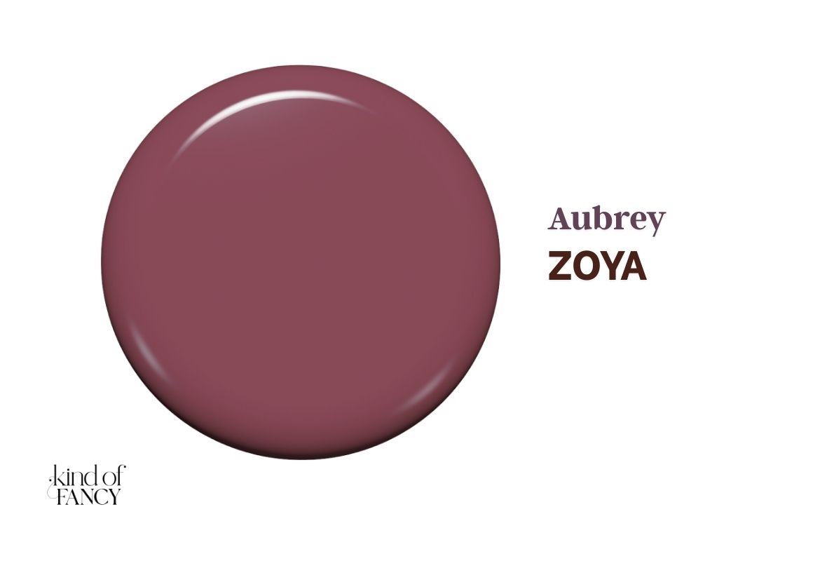 Swatch of Zoya Aubrey, muted wine-mauve nail polish swatch, a classy berry winter shade that’s rich but subtle.