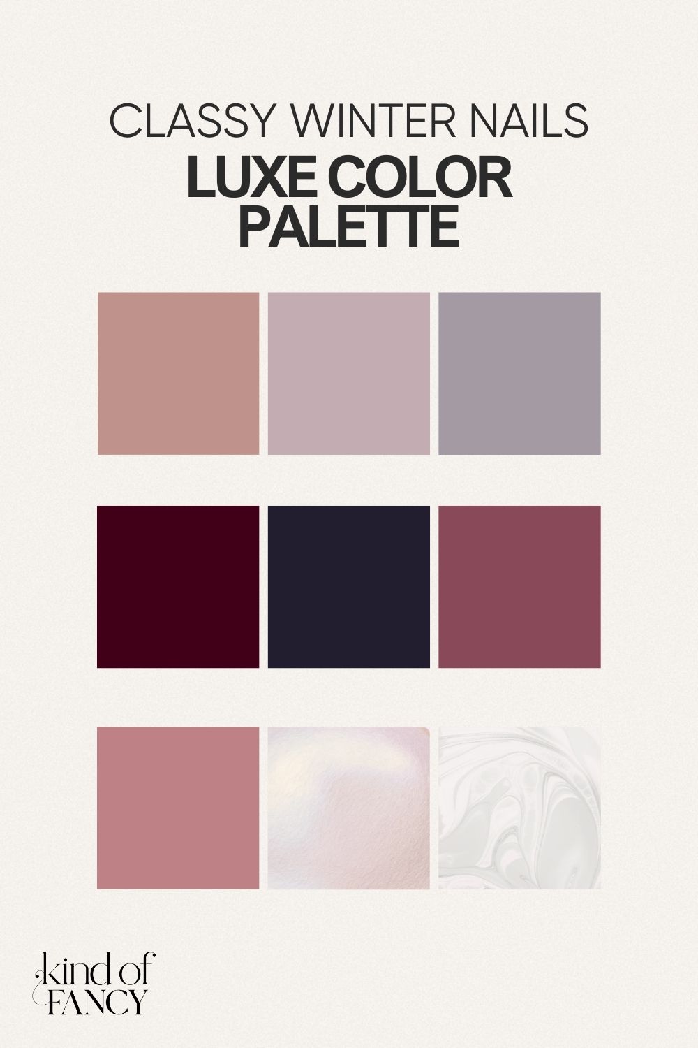Winter nail color swatch chart showing 12 classy quiet-luxury shades, including foggy taupes, latte neutrals, winter rose tones, deep velvet navy and plum, and soft frosted pearl nails. This mood board highlights simple winter nails and elegant winter nail trends for 2026.