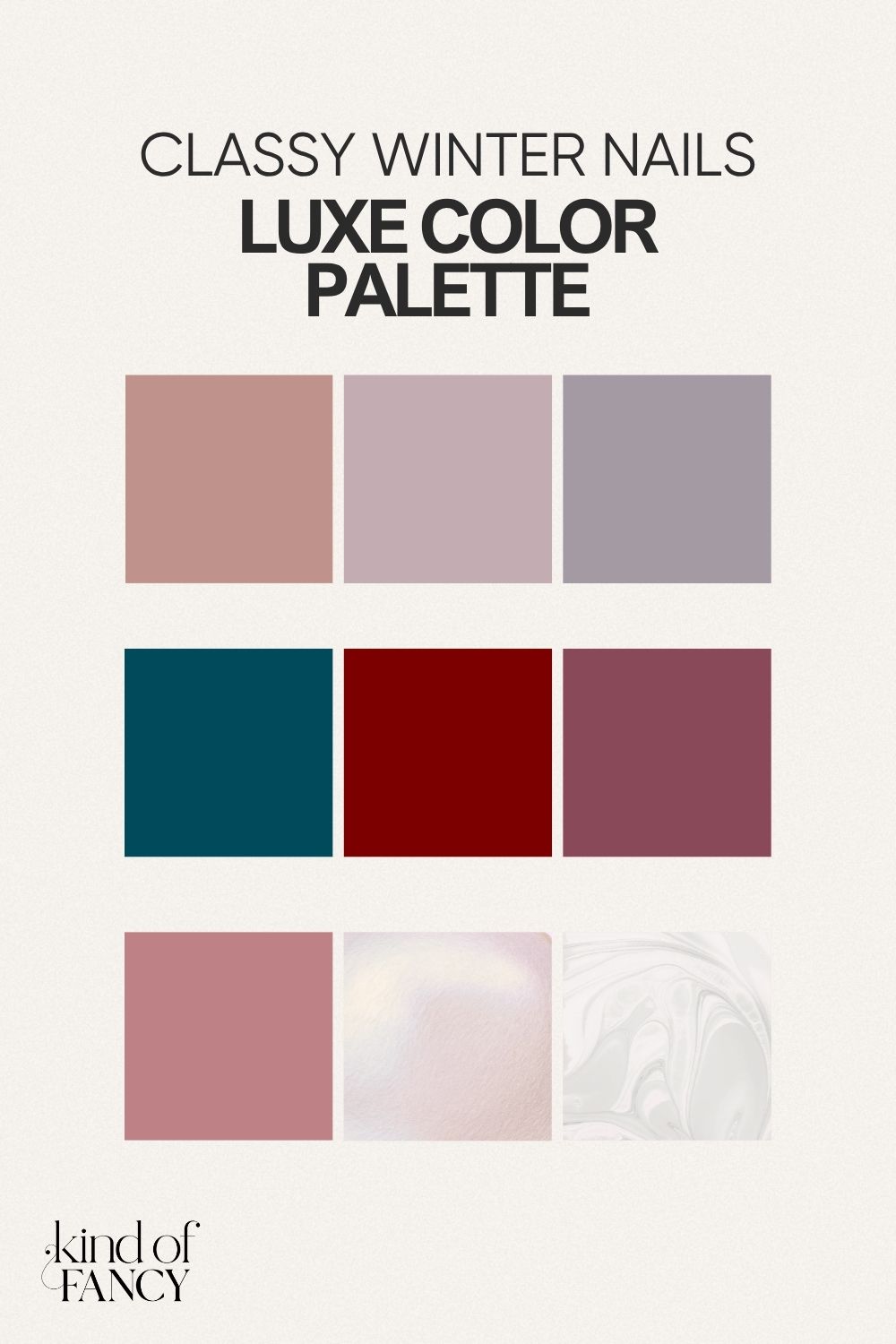 Winter nail color swatch chart showing 12 classy quiet-luxury shades, including foggy taupes, latte neutrals, winter rose tones, deep velvety wines and teal, and soft frosted pearl nails. This mood board highlights simple winter nails and elegant winter nail trends for 2026.