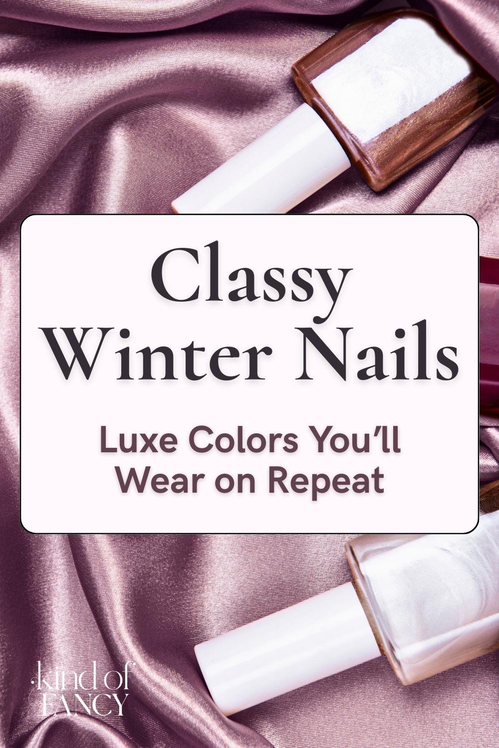 classy winter nail colors in small nail polish bottles against lavender satin cloth.