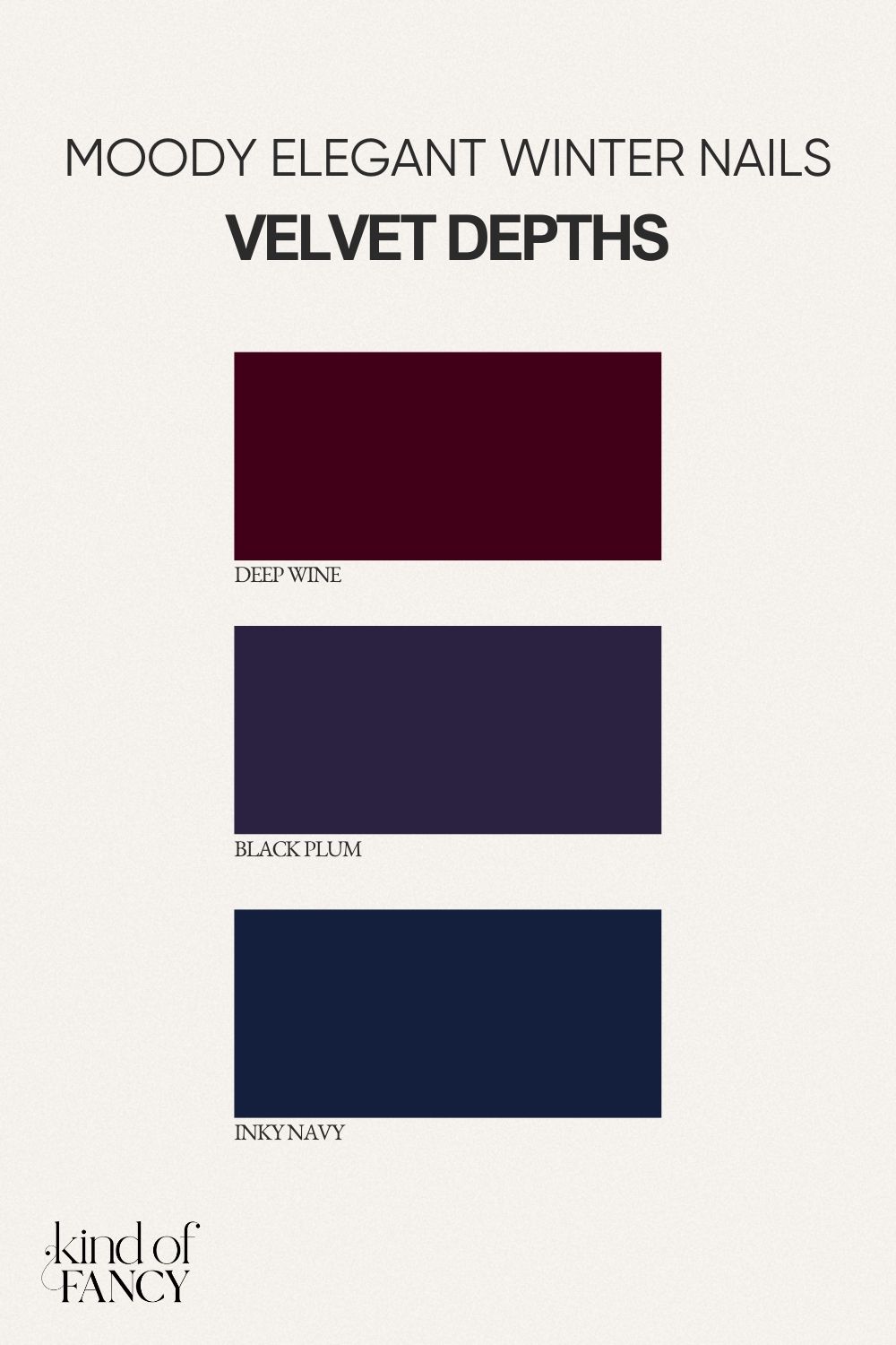 Moody winter nail mood board with deep navy, black-plum, and luxe wine shades. Dark elegant winter nails in rich velvet tones for a classy, quiet-luxury look.