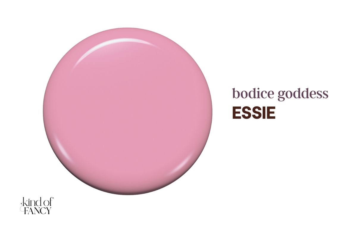 Essie Gel Couture Bodice Goddess cool mauve-pink nail polish swatch, tailored rose shade with a polished finish for classy pink nails