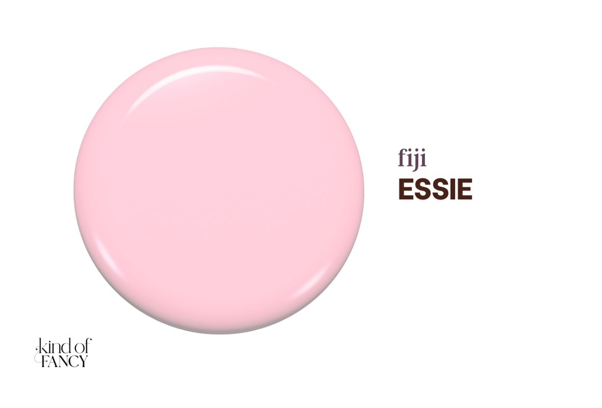 Essie Fiji pastel pink nail polish swatch, cool-toned white-based soft pink ideal for classic Valentine’s Day nails on short natural nails