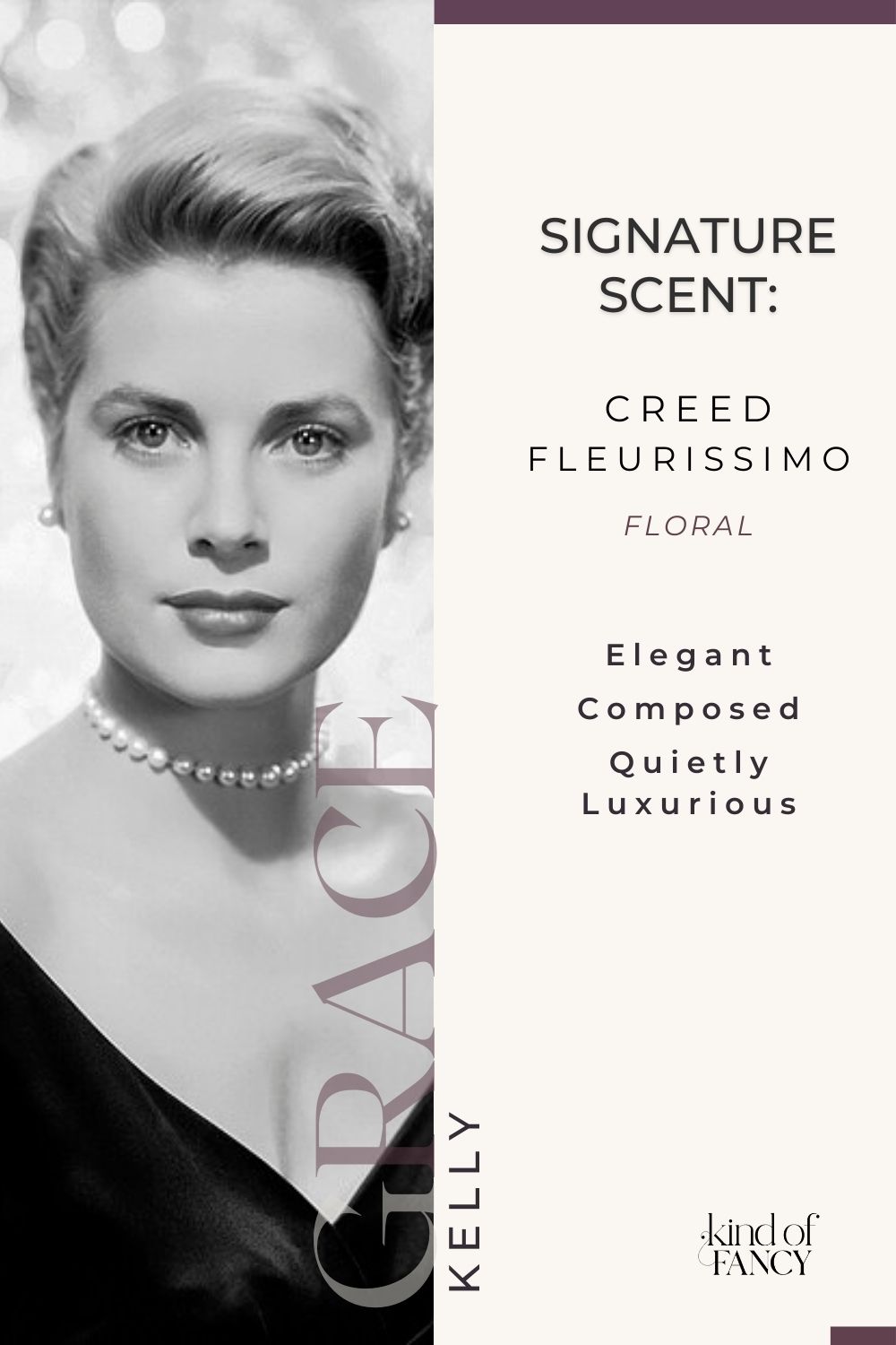 Elegant collage featuring Grace Kelly and her signature fragrance, Creed Fleurissimo, symbolizing polished old Hollywood glamour, soft florals, and quiet luxury.