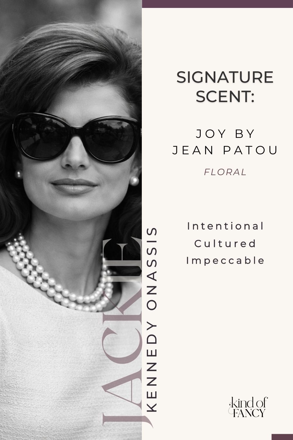 Classic collage of Jackie Kennedy Onassis with her signature perfume, Joy by Jean Patou, reflecting intellectual glamour, refined femininity, and timeless personal style.