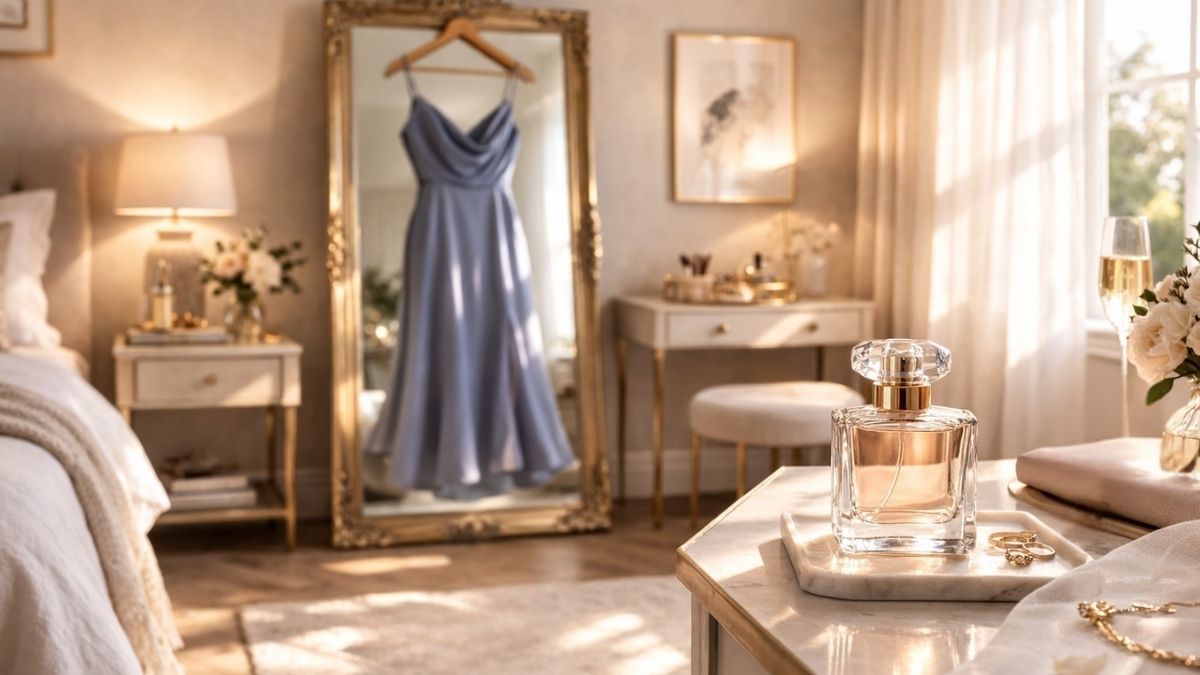 wedding guest perfume glass bottle in a gorgeous hotel room with soft lighting and a stylish blue silk dress hanging against a mirror.