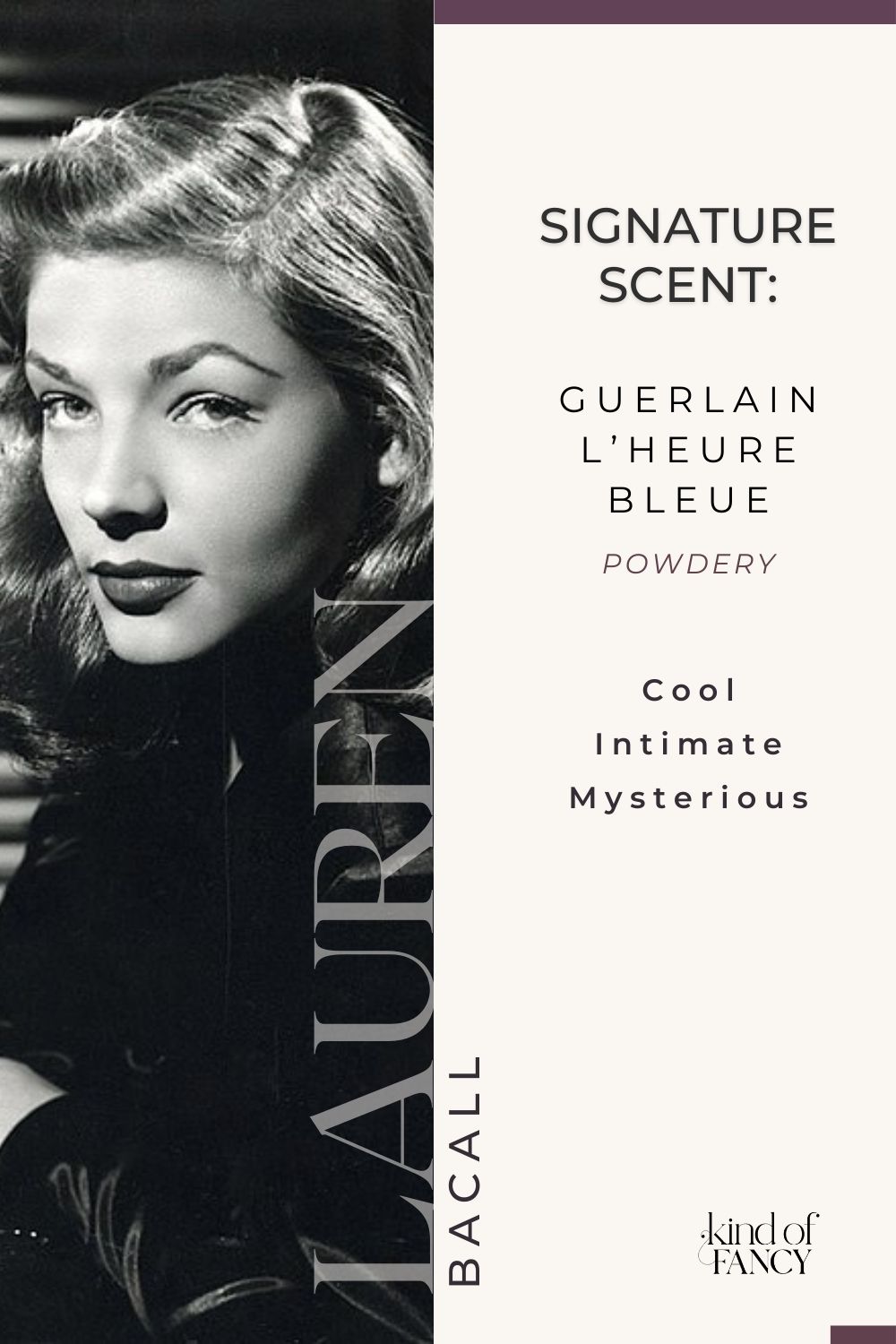 Moody collage of Lauren Bacall paired with signature scent Guerlain L’Heure Bleue, evoking cool confidence, understated old Hollywood glamour, and intimate feminine elegance.