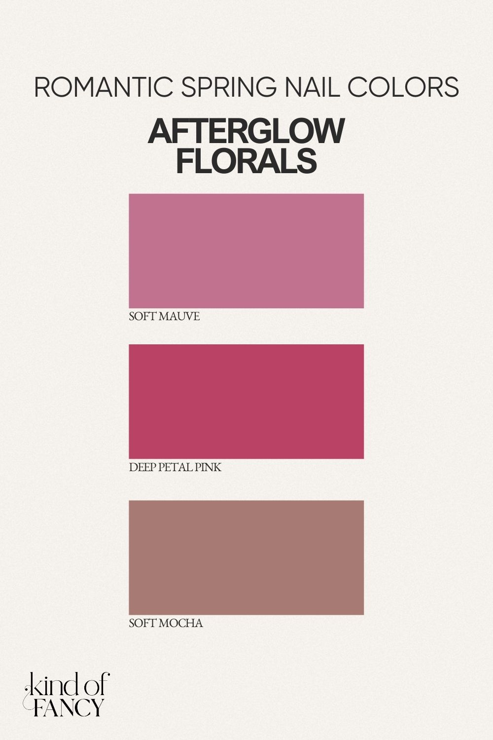 Lush spring garden inspired nail color palette with rich berry, neutral mauve, and deep floral tones for grown women