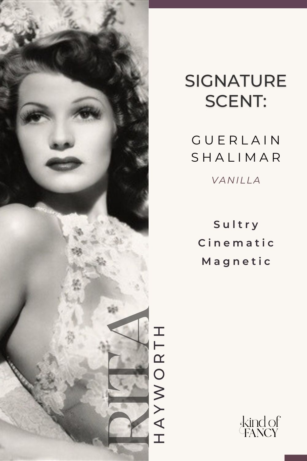 Black and white collage featuring Rita Hayworth and her signature perfume, Guerlain Shalimar, expressing sensual old Hollywood glamour, warmth, and classic feminine allure.