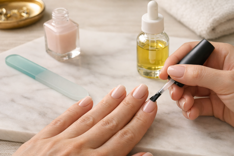 application of a home manicure on natural nails in progress that looks expensive