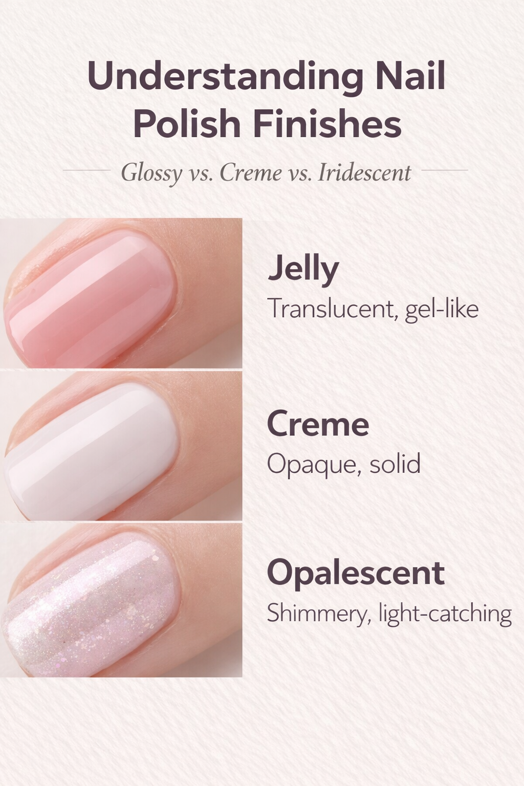 Comparison chart of nail polish finishes: jelly, creme, and opalescent.
