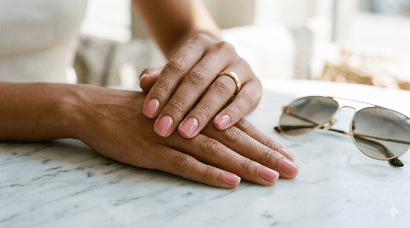 pink jelly nails on elegant nails against a marble table, beside aviator sunglasses