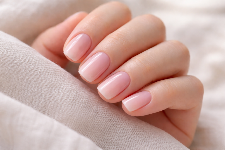 Quiet luxury nails in a soft milky pink closeup on a woman's hand with short nails.