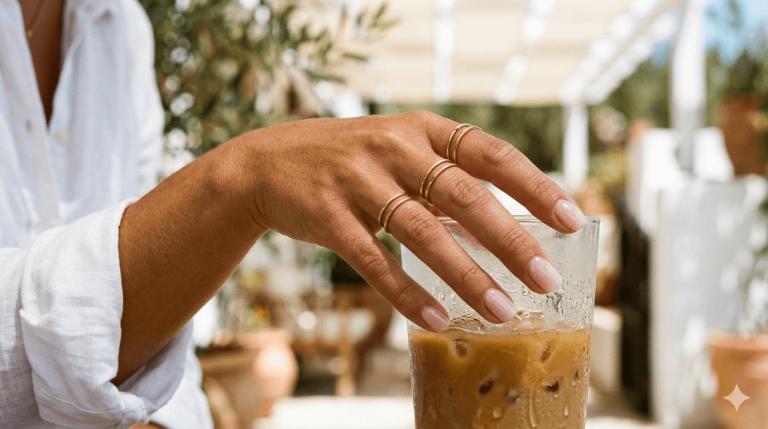 Close-up of a woman's hand with sheer neutral summer nails in milky nude polish eith a glossy finish, holding an iced latte on a sun-drenched Mediterranean terrace.