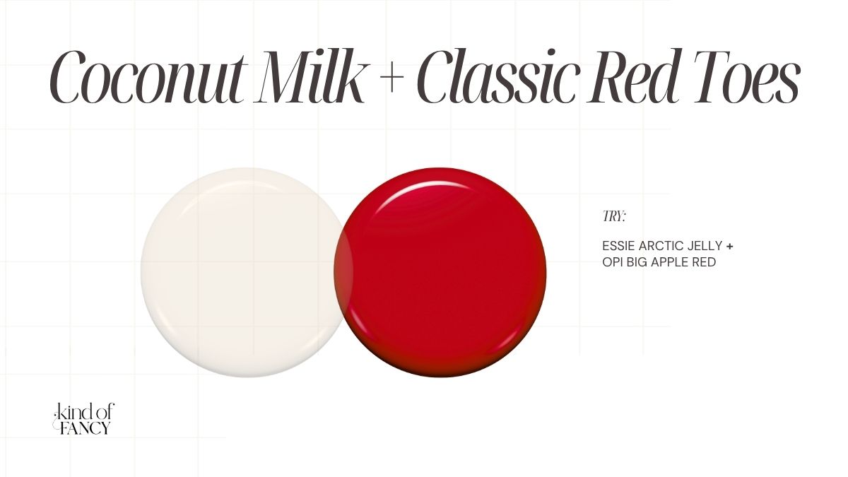 best summer mani pedi color combos- swatches of summer nail combo: Essie Arctic Jelly and OPI Big Apple Red.