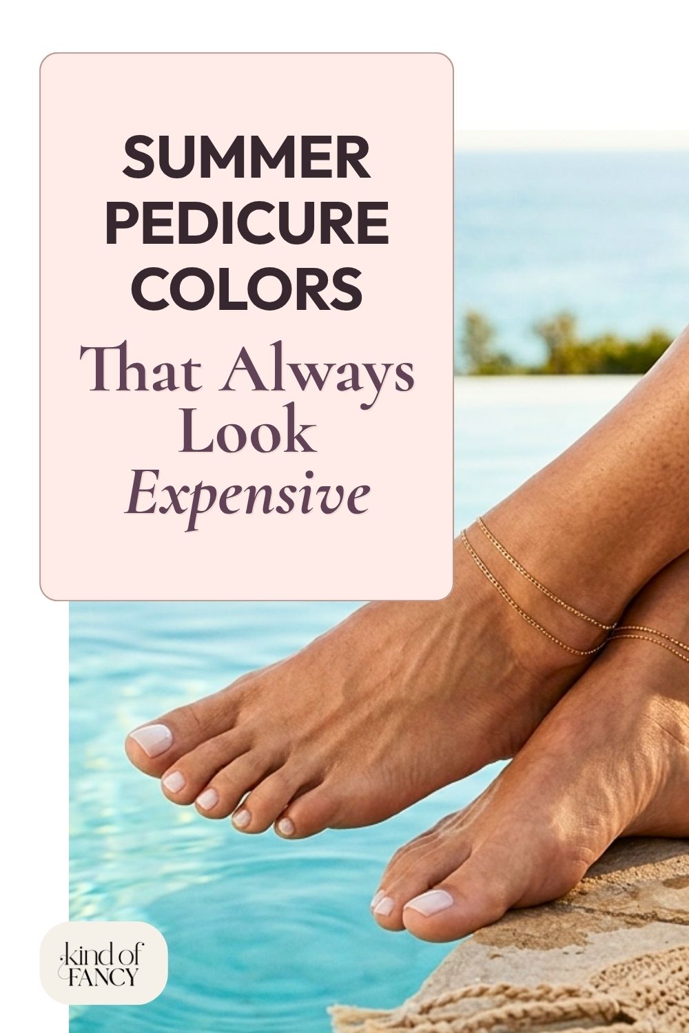 Milky white jelly pedicure on woman's bare feet dangling over an infinity pool in the midday summer sun. An summer pedicure color that looks expensive and classy.