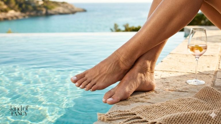 summer pedicure colors that look expensive- Milky white jelly pedicure on a woman's bare feet resting poolside.