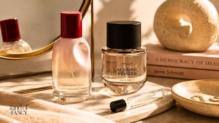 signature scent capsule on a vanity table in morning light featuring a bottle of Glossier You, Phlur Missing Person and a small glass travel size spray.