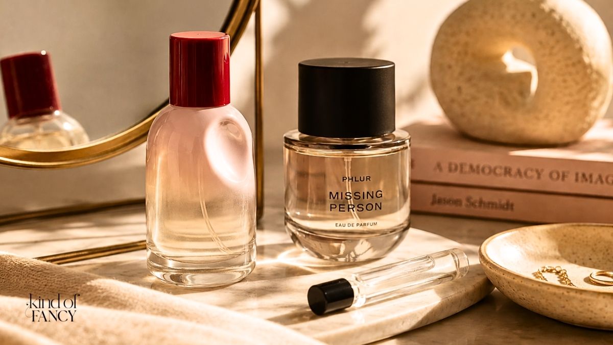 signature scent capsule on a vanity table in morning light featuring a bottle of Glossier You, Phlur Missing Person and a small glass travel size spray.