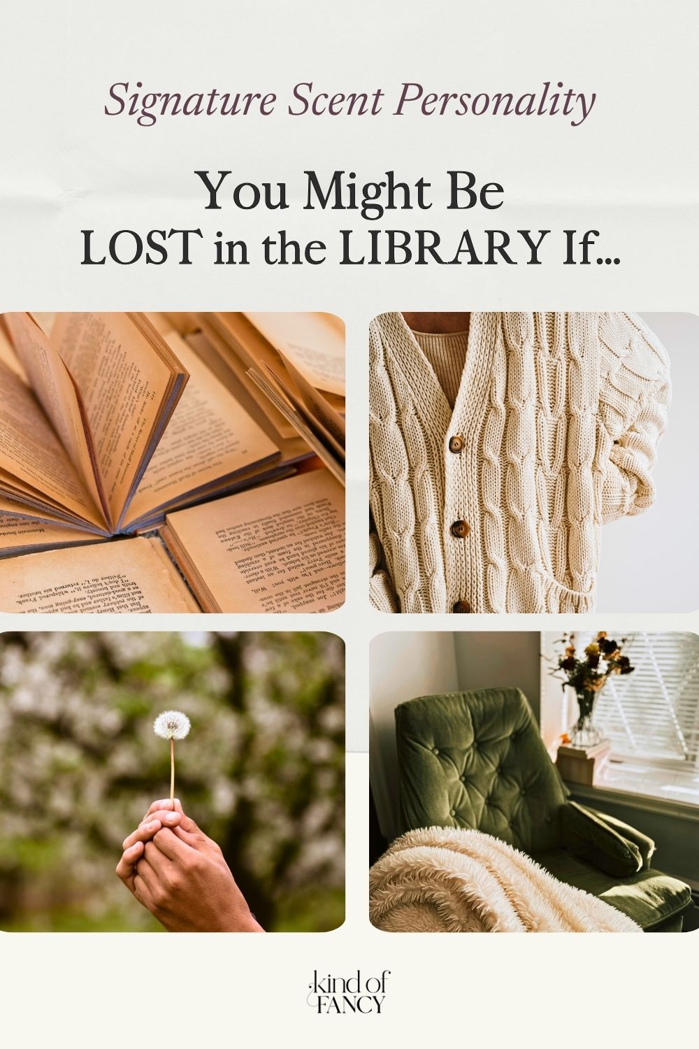Lost in the Library perfume mood board with vintage books, cozy cardigan sweater, velvet reading chair, and making a wish on a dandelion.