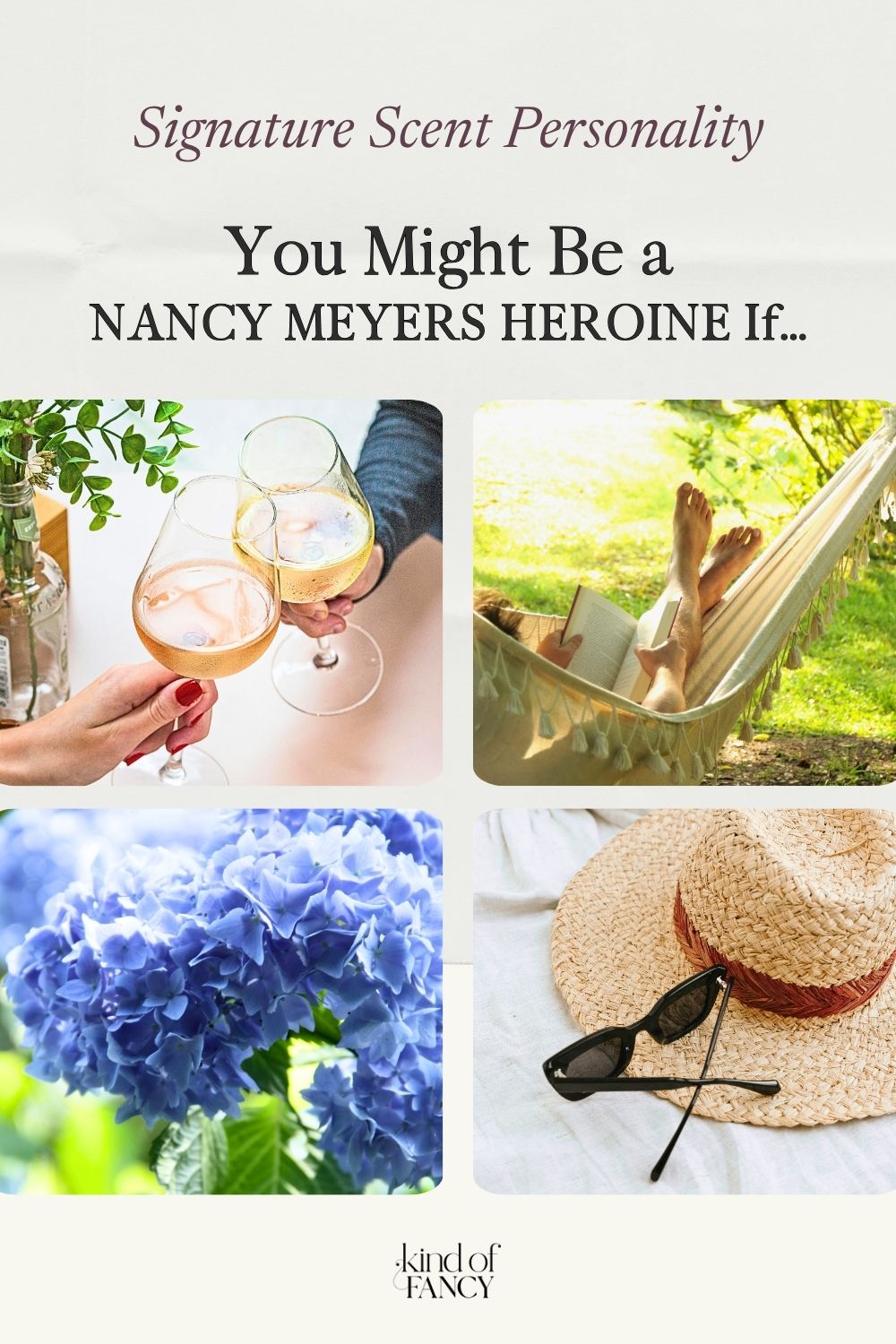 Signature scent personality mood board for Nancy Meyers Heroine featuring blue hydrangeas, a woman reading in a hammock in morning light, elegant wine glasses toasting, and an oversized beach hat, linen blanket and oversized sunglasses.