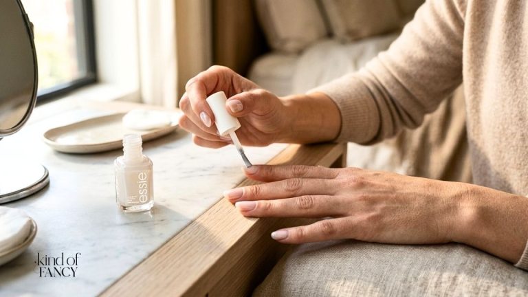 Milky white nail color being painted on a woman's hand resting on a marble vanity table in natural light.