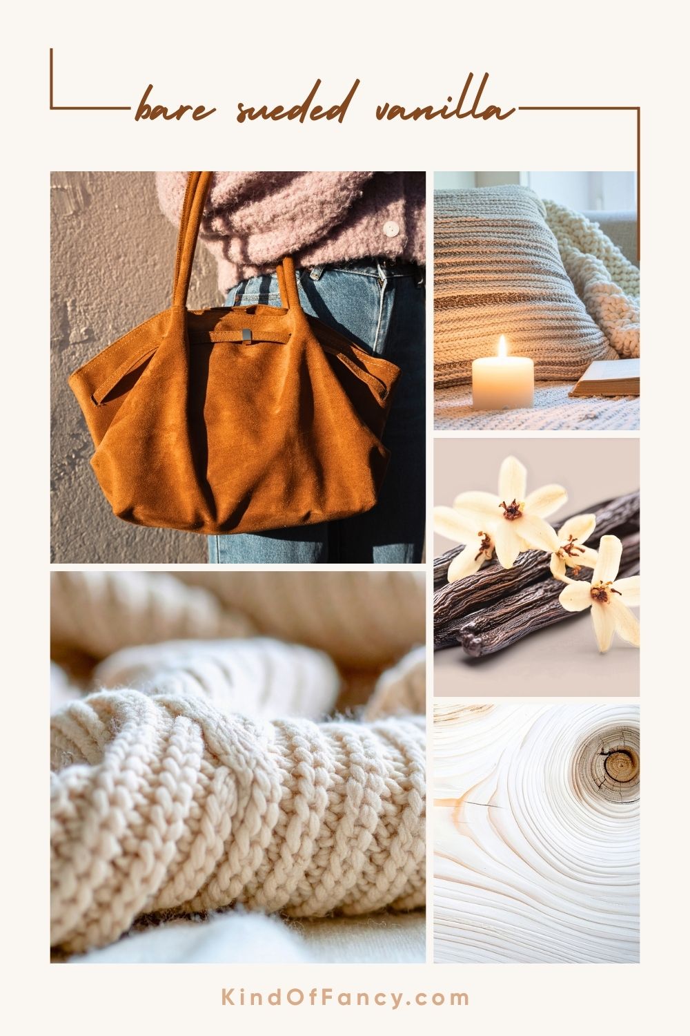 Mood board with toasted pistachios, vanilla, suede textures, sandalwood, cozy knitwear, and Victoria's Secret Bare Sueded Vanilla body mist, representing a warm, sophisticated vanilla scent.