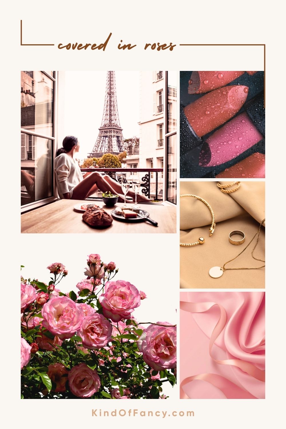 Mood board featuring fresh pink roses, ruby berries, blush amber tones, elegant fabrics, and Bath & Body Works Covered in Roses body mist, representing a modern rose fragrance with luxurious Delina-inspired vibes.