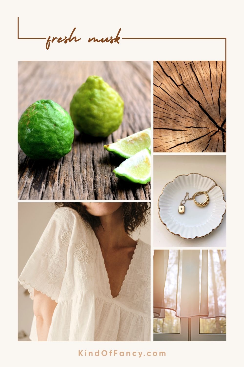 Mood board with bergamot, soft woods, creamy musk, crisp white linens, and Bath & Body Works Fresh Musk body mist, capturing a clean skin scent with quiet luxury style.