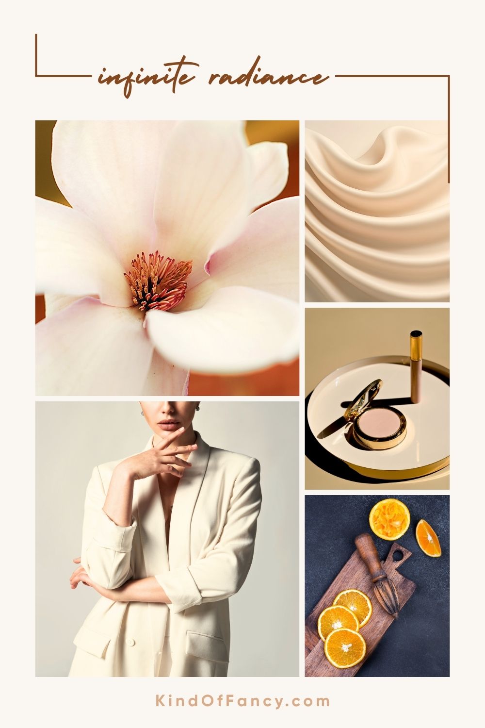 Mood board featuring sweet mandarin, magnolia blossoms, sandalwood, warm cashmere textures, golden light, and Bath & Body Works Infinite Radiance body mist, reflecting a polished modern floral fragrance.
