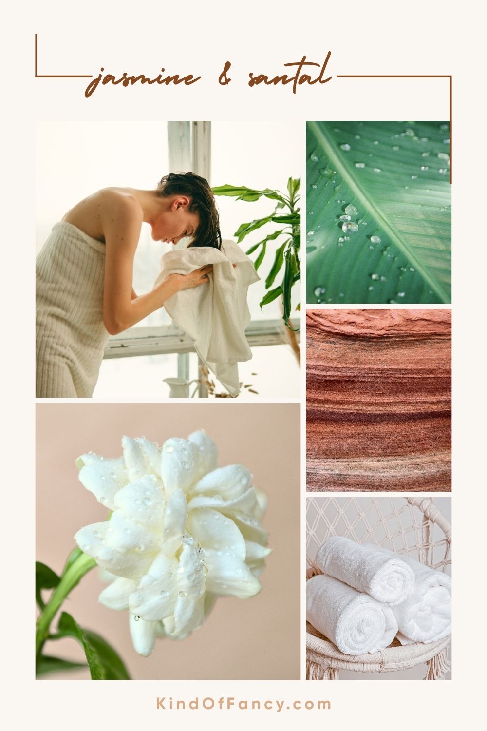 Mood board with jasmine flowers, sandalwood, fresh greenery, warm amber, minimalist interiors, and Method Jasmine & Santal body mist, representing an elevated everyday fragrance with spa-like warmth.