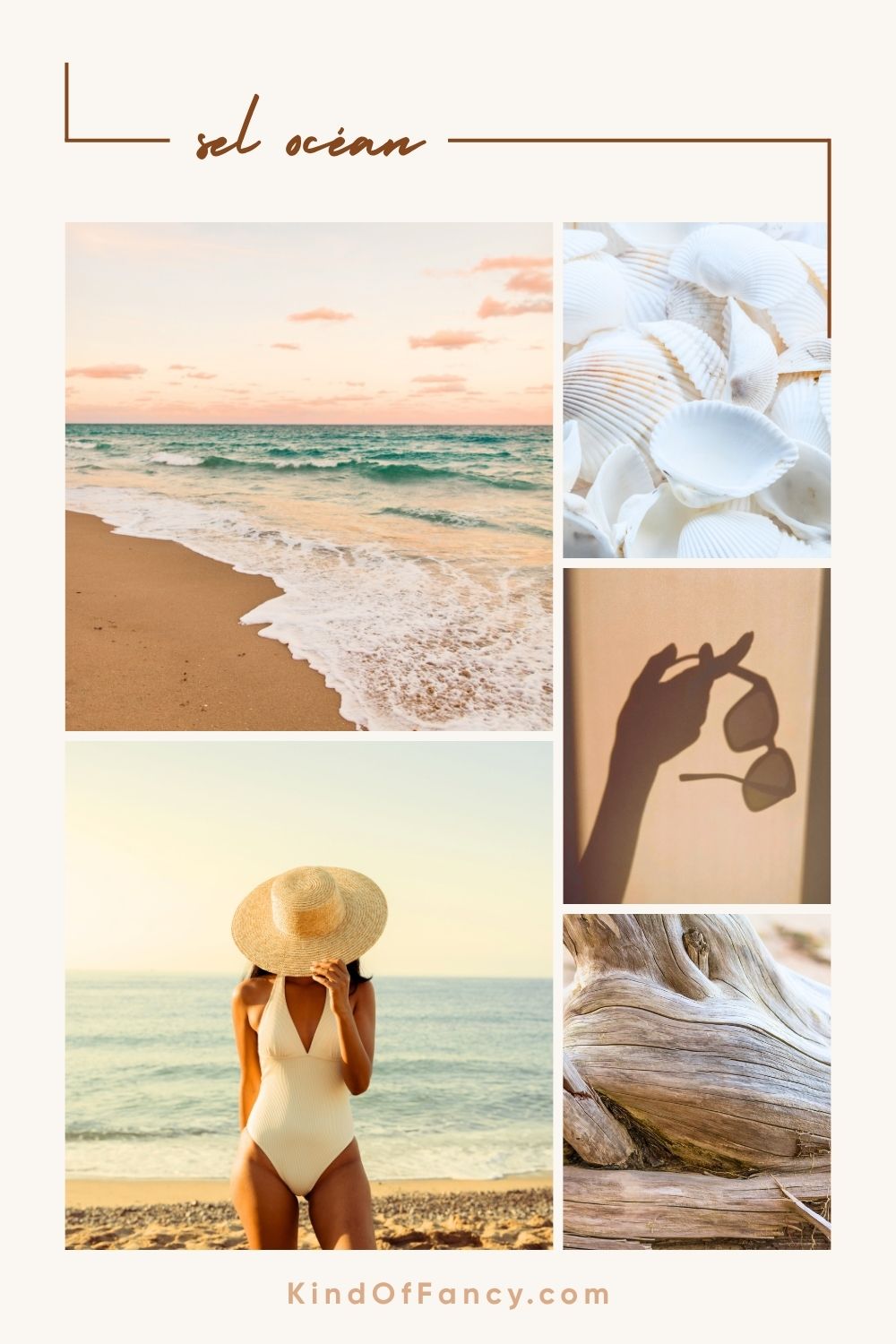 Mood board featuring sea salt, driftwood, coastal linen, soft ocean waves, airy florals, and Le Monde Gourmand Sel Océan body mist, capturing an elegant coastal fragrance without tropical sweetness.