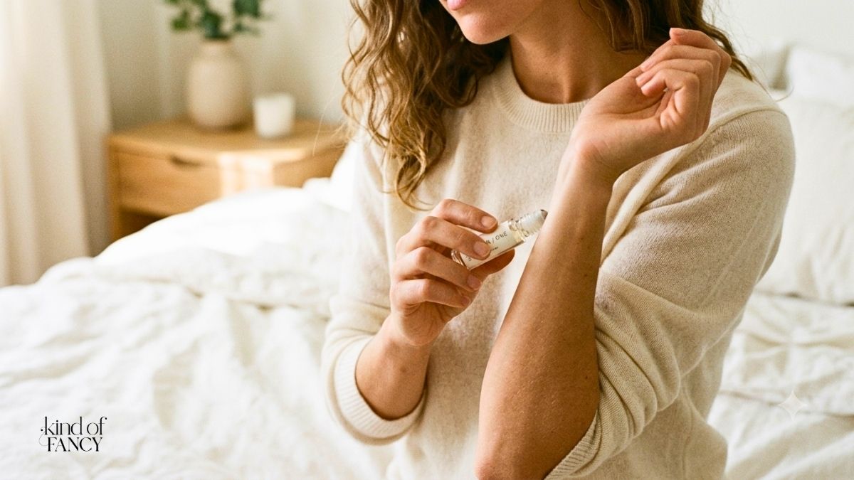 best skin scent perfumes being applied to a woman's wrist in a minimalist bedroom.